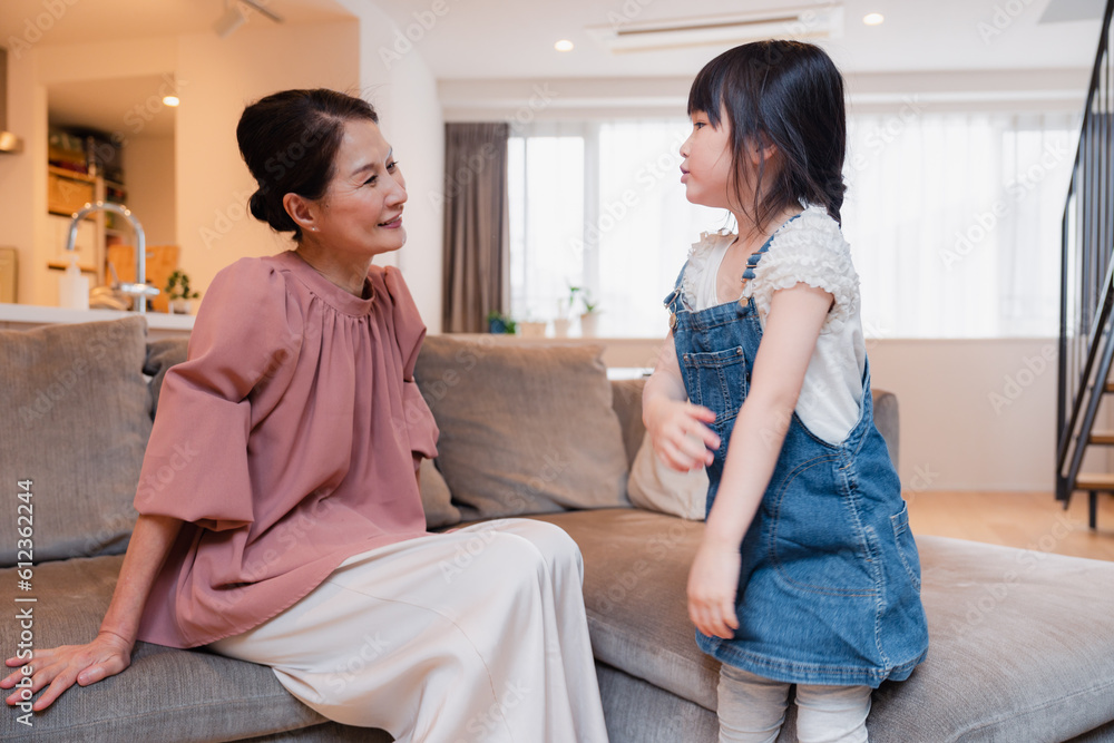 帰省した孫と話すおばあちゃん 帰省した孫と話すおばあちゃん