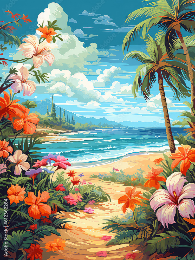 Summer beach with palm trees and tropical flowers