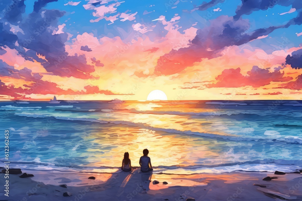 A vibrant sunset beach scene watercolor illustration - Generative AI.