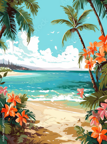 Summer beach with palm trees and tropical flowers