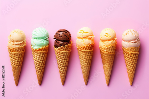 overhead flat lay of a row of summer ice cream cones. Generative ai