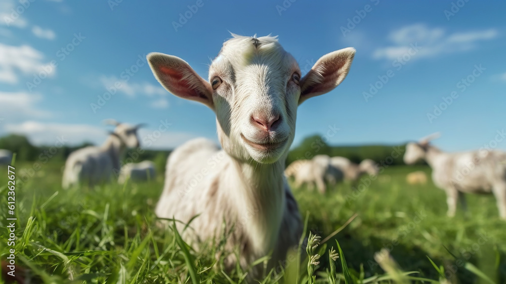Fototapeta premium Close-up portrait of white adult goat grassing on green summer meadow field at village countryside. Generative Ai