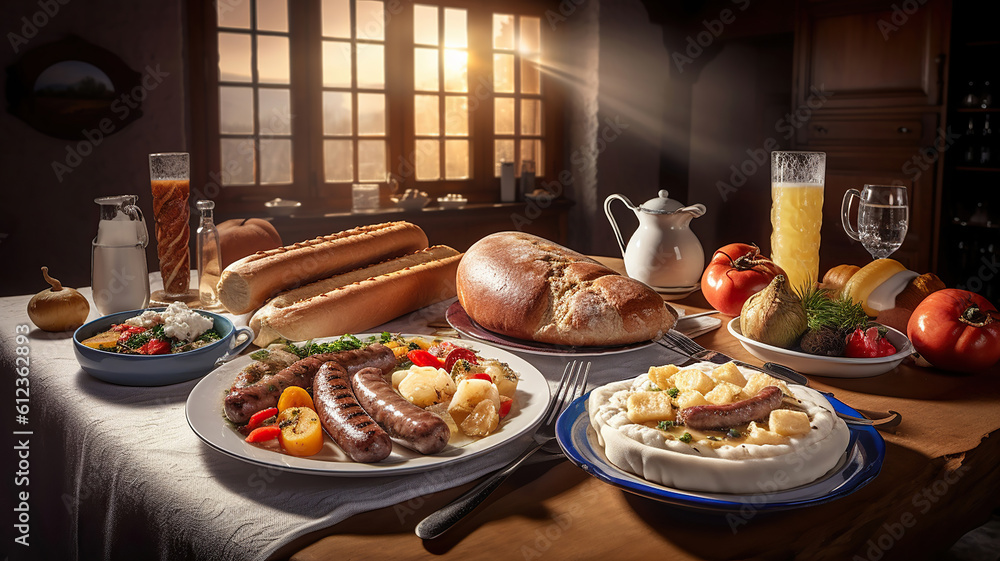 bavarian meal with white sausage. Generative Ai - obrazy, fototapety, plakaty 