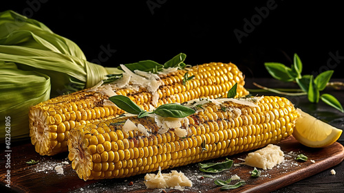 Grilled corn on the cob with herb butter and Parmesan. Generative Ai photo