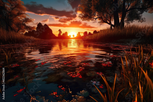  Sunset s embrace  An idyllic lake becomes a shimmering mirror  gracefully reflecting the vivid colors of a breathtaking sunset  enveloping viewers in a tranquil ambiance.  Generative AI 