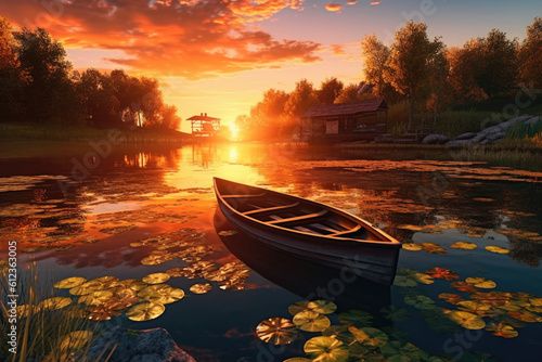 "A moment of tranquility: The still waters of an idyllic lake become a reflective mirror, capturing the vibrant hues of a breathtaking sunset in a scene of pure serenity." Generative AI 