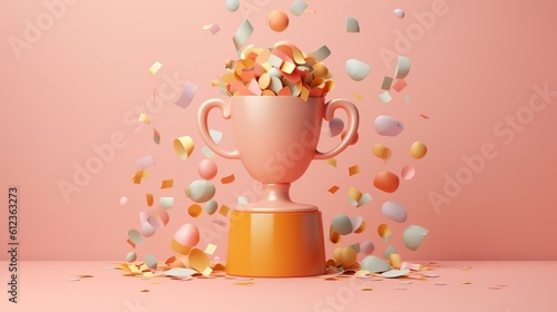 3d rendering clay detail trophy in the podium with crowd confetti Generative AI