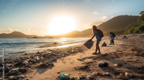 Volunteer picking up garbage on the beach at sunset. nature protection, earth day. generative AI