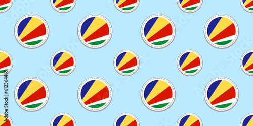 Seychelles round flag seamless pattern. Seychellois background. Vector circle icons. Geometric symbols. Texture for web pages, travel, school, geographic design element. Patriotic wallpaper