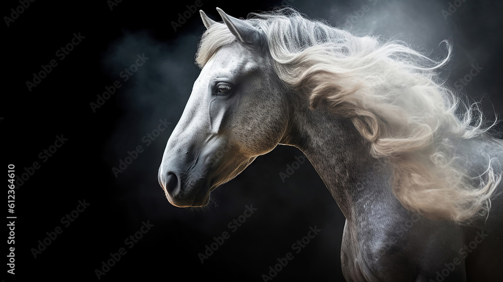 Portrait gray Andalusian horse with long mane and steam from a mouth at a black background with back lighting. Generative Ai