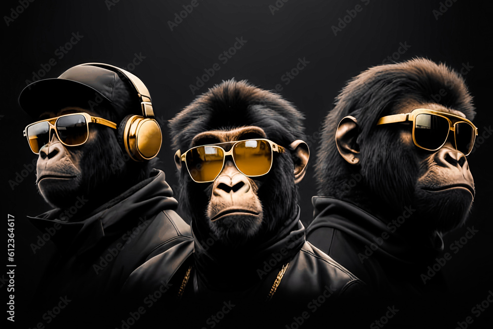 Gorilla with glasses style hip hop rap music , fashion cool monkey animal . Generative ai - obrazy, fototapety, plakaty 