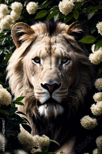  Lion face surrounded by flowers   king isolated   wildlife Portrait Wildlife animal. Generative ai