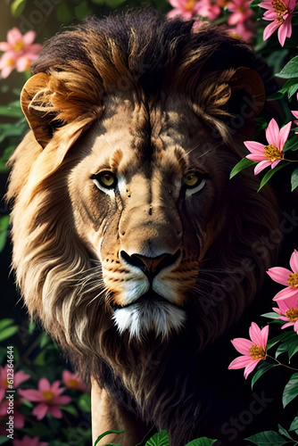  Lion face surrounded by flowers   king isolated   wildlife Portrait Wildlife animal. Generative ai