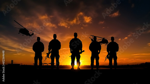 military silhouettes on sunset sky background. Generative Ai