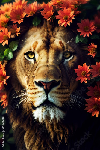 Lion face surrounded by flowers , king isolated , wildlife Portrait Wildlife animal. Generative ai