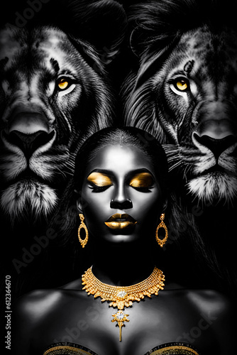 Woman and lion Love , Modern fashion art . Genrative ai