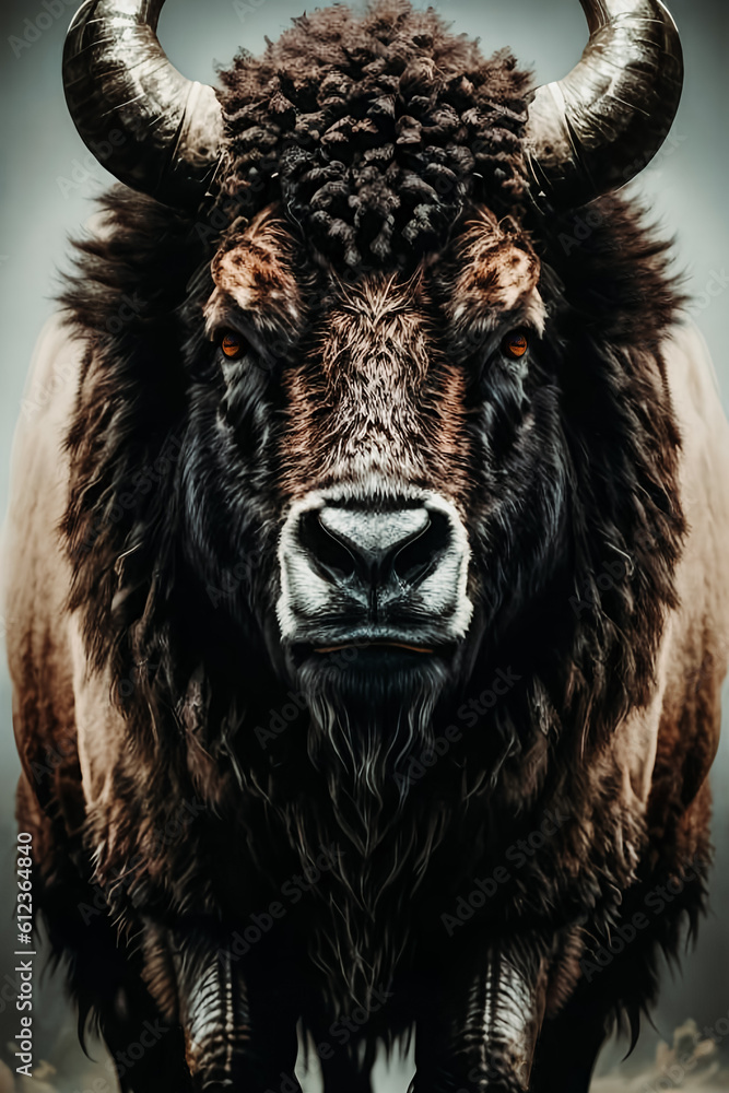 Fototapeta premium Big Bison Buffalo , power animal wildlife , strong . Generative ai