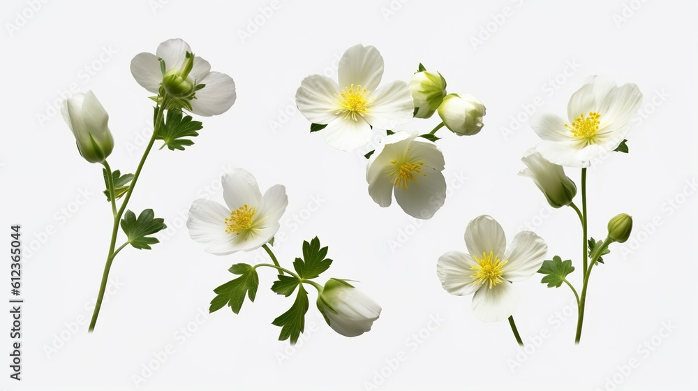 Fototapeta premium Collection of white or cream buttercup flowers and buds, isolated, transparent background, top view, flat lay, AI generated