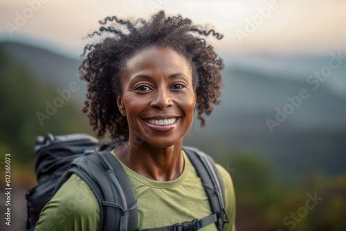 Woman hiking on the trail. Generative AI.