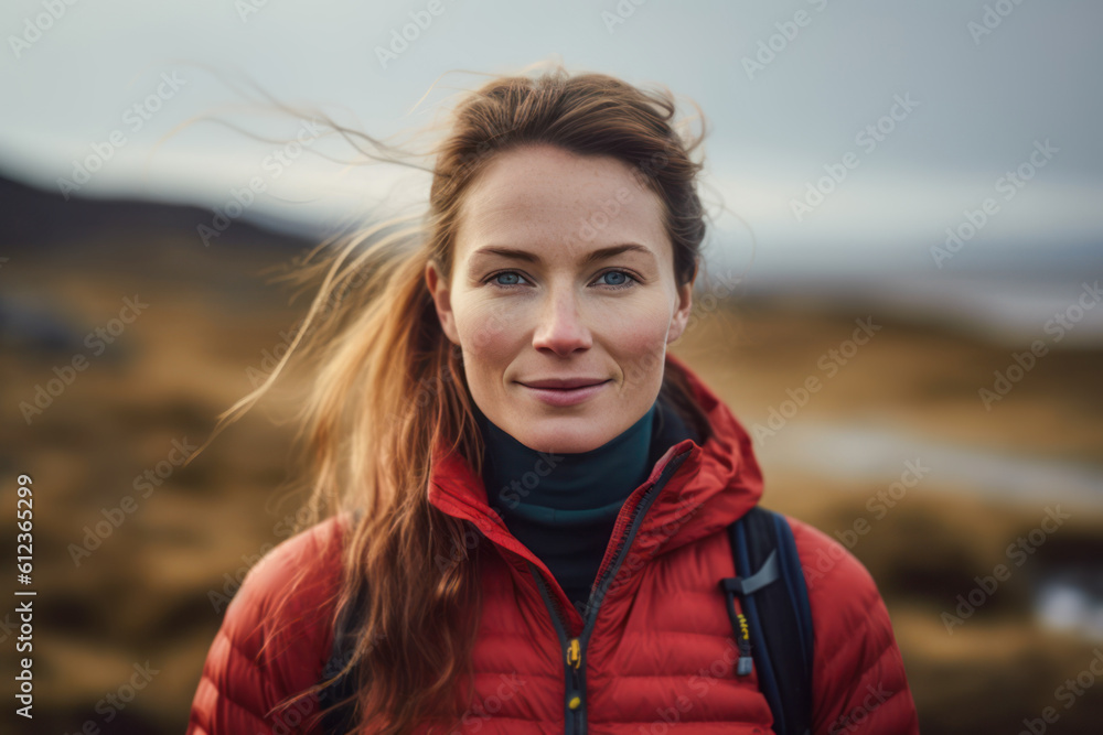 Fototapeta premium Woman with red hair and red jacket hiking on the mountains. Generative AI.