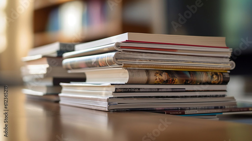 close up stacking of opened magazine with blurry bookshelf background. Generative Ai