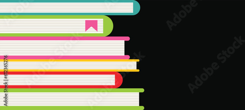 Vector banner, poster with colorful books, and space for text. Stack of colorful books on black background. 