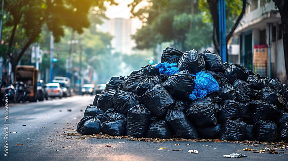 Pile of black garbage on the footpath at side road in big city ...
