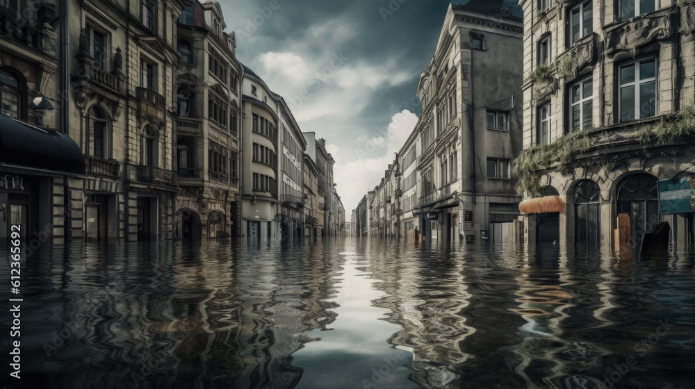 Catastrophic flood in a European city. Water flooded the streets.