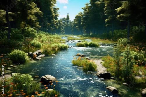  Nature s tranquil embrace  A serene river gently winds through a dense forest  epitomizing the peaceful beauty of the natural world.   