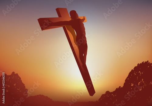 Concept de la résurrection de Jésus le lundi de Pâques selon l’évangile, avec le symbole du christ crucifié qui monte au ciel.