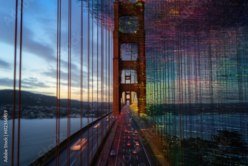 A graphic representation of data integration as a bridge spanning across disparate data sources, Generative AI technology.