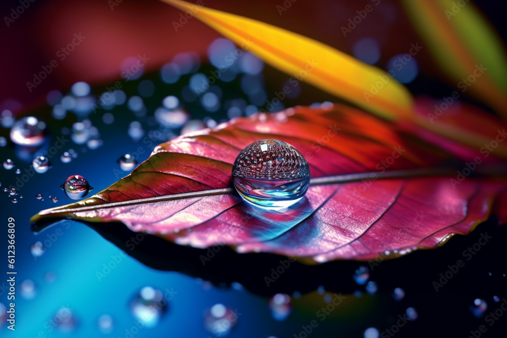 Droplet A droplet of water on a leaf, showcasing the mesmerizing reflections ...