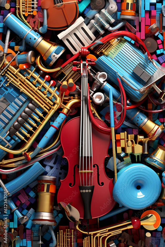 A mosaic of interlocking musical notes and instruments, symbolizing the
