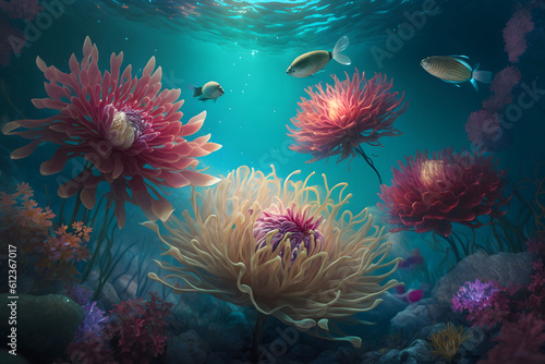 Fantasy Beautiful Underwater Flower  plant and leaves floral background