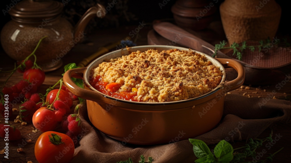 Golden and crispy crumble with fresh fruits, a classic British dessert. Food photography. Generative AI Golden and crispy crumble with fresh fruits, a classic British dessert. Food photography. Generative AI