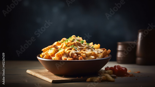 Get Your Hands on the Ultimate Comfort Food: Canadian Poutine with Perfectly Melted Cheese Curds and Rich Gravy. Food photography. Generative AI