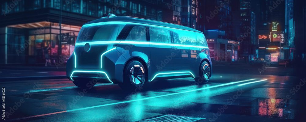 The Evolution of Taxis: Futuristic Self-Driving Taxi Design in Neon. Generative AI