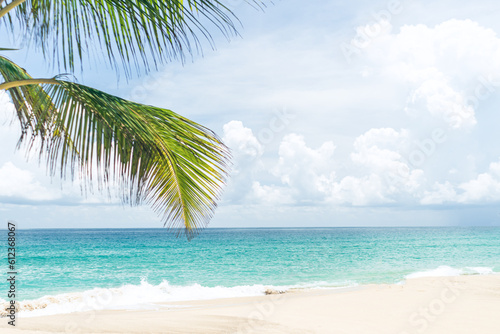 Fototapeta Naklejka Na Ścianę i Meble -  Coconut trees with tropical summer beach and blue sky.