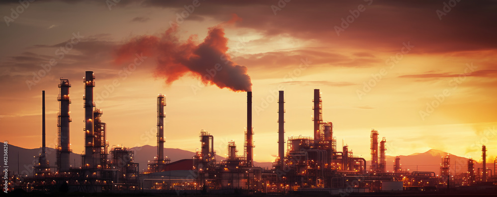 Sunrise over an industrial complex and an oil refinery with burning chimneys. Generative AI