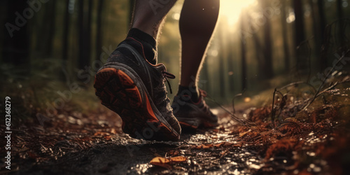 Man trail running on forest path with close up of trail runner shoes. Generative AI