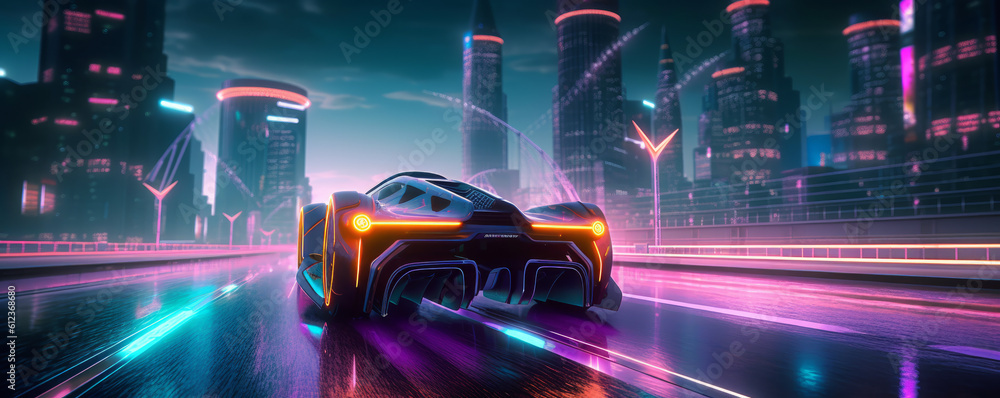 Speedway with non-existent concept riding sport car in futuristic city with neon lights. Generative AI