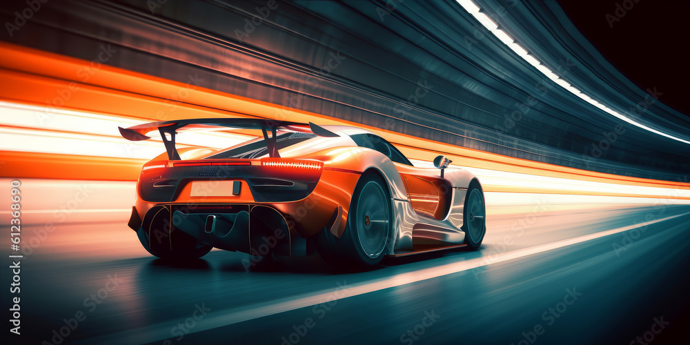 Speeding Through the Light: Futuristic Sport non-existent concept racing car at high speed riding in illuminated road tunnel. Generative AI