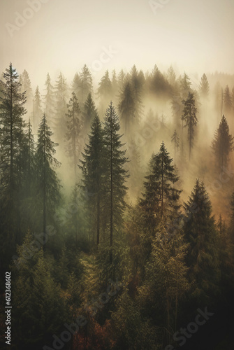 Inspirational landscape of majestic foggy pine trees forest. AI generated. © zhennyzhenny