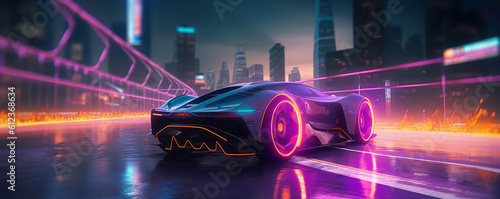 Speedway with riding non-existent concept sport car in futuristic city with neon lights. Generative AI