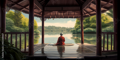 Tranquil Meditation in Nature: Sitting and meditating Serene Monk in Gazebo by the Lake and nature around. Generative AI