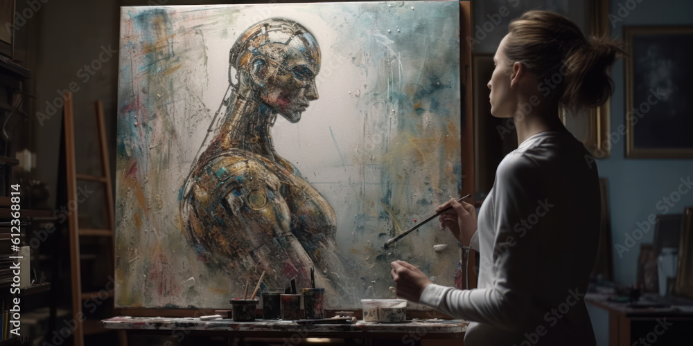 Exploring the Future of Art: Young Woman Painting an AI Robot in Her Studio. Generative AI