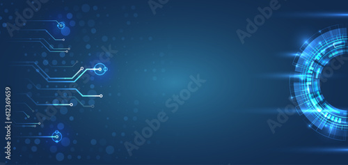The abstract circuit board is on a blue background. Hi-tech digital technology and engineering concept. Wide technology communication. Futuristic design for banner or presentation.