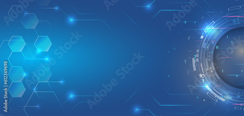 Wide Blue background with various technological elements. Abstract circle technology communication, vector illustration. Futuristic design for presentation. Hi-tech computer digital technology concept