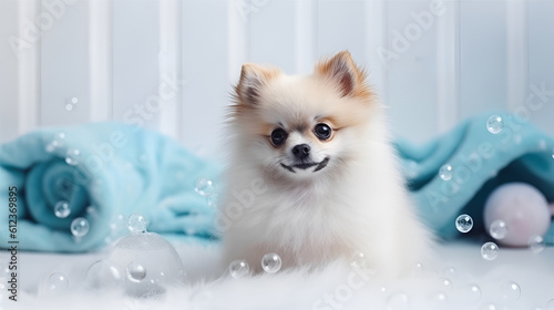 Portrait cute white pomeranian spitz in bathtub with foam and soap bubbles. pets grooming and cleaning concept. Generative AI © Tetiana