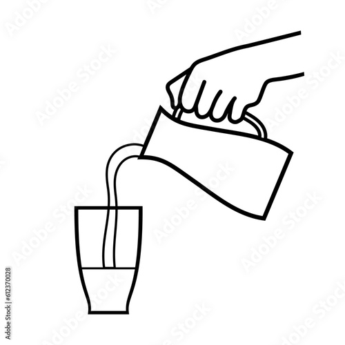 Milk pouring from carafe into glass. Pouring milk. Vector flat outline icon illustration isolated on white background.